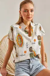 Women's Patterned Bat Sleeve Linen Shirt