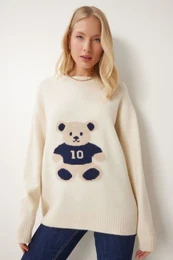Happiness stanbul Women's Cream Teddy Bear Textured Soft Knitwear Sweater