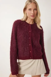 Happiness stanbul Women's Burgundy Soft Bearded Knitwear Cardigan