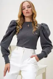 Trend Alaat Stili Women's Anthracite Crew Neck Drop Decollete Princess Sleeve Knitwear Blouse