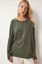Happiness stanbul Women's Khaki Crew Neck Bat Sleeve Knitted Blouse