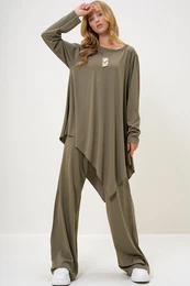 Trend Alaat Stili Women's Khaki Modal Fabric Crew Neck Asymmetric Cut Long Tunic and Trouser Set