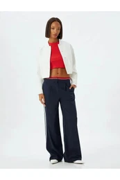 Wide Leg Baggy Navy Blue Women's Fabric Trousers