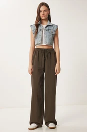 Happiness stanbul Women's Dark Khaki Faded Effect Wide Leg Denim Palazzo Trousers