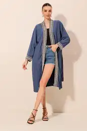 5865 Embroidered Knitted Long Kimono - Indigo