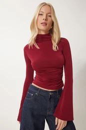 Happiness stanbul Women's Claret Red Spanish Sleeve Gathered Sandy Knitted Blouse