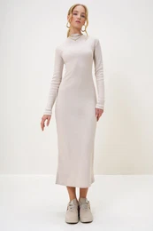 Trend Alaat Stili Women's Stone Crew Neck Long Sleeve Interlock Fabric Maxi Length Dress