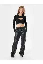 Faux Leather Sweatpants Tied Waist Ribbed High Waist Straight Leg Pocket