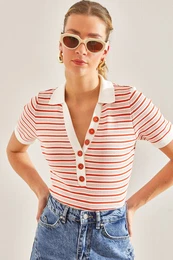 Women's Collar Buttonhole Striped Knitwear Blouse
