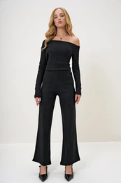 Trend Alaat Stili Women's Black Boat Neck Side Draped Interlock Fabric Blouse and Trouser Set