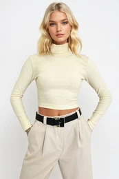 Trend Alaat Stili Women's Cream Turtleneck Corded Basic Crop Body Blouse