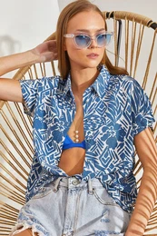 Women's Patterned Bat Sleeve Linen Shirt