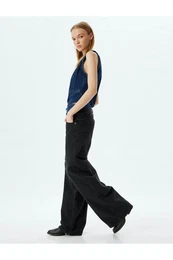 Loose Jeans Double Waist Detail Buttoned Washed - Loose Straight Fit Jean