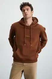 EPIC Men's Soft Fabric Embroidered Detailed Hooded Cord Regular Bitter Coffee Sweatshirt