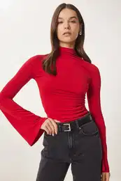 Happiness stanbul Women's Red Spanish Sleeve Drawstring Sandy Knitted Blouse