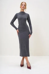 Trend Alaat Stili Women's Anthracite Crew Neck Long Sleeve Interlock Fabric Maxi Length Dress