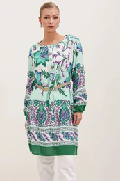 5902 Belted Patterned Dress - Green