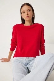 Happiness stanbul Women's Red Cotton Basic Knitted Blouse