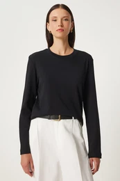 Happiness stanbul Women's Black Cotton Basic Knitted Blouse