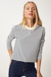 Happiness stanbul Women's Ecru Navy Blue Striped Cotton Basic Knitted Blouse
