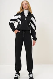 Trend Alaat Stili Women's Black Hooded Half Zippered Sweatshirt and Elastic Leg Tracksuit Set