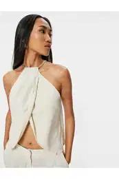 Halter Neck Blouse Asymmetrical Cut Window Detailed Linen Blend