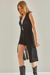 Women's Midi Length Button Detailed Slit Openwork Cardigan