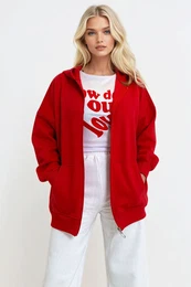 Trend Alaat Stili Women's Red Hooded Kangaroo Pocket Zippered Raised Sweatshirt