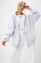 Trend Alaat Stili Women's Carmelange Hooded Kangaroo Pocket Zippered Sweatshirt with Raised Interior