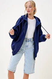 Trend Alaat Stili Women's Navy Blue Hooded Kangaroo Pocket Zippered Sweatshirt with Raised Interior