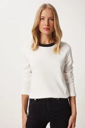 Happiness stanbul Women's White Contrast Color Collar Cotton Knitted Basic Blouse