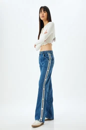 Straight Leg Jeans Stripe Detail Buttoned Regular Waist Cotton - Longer Straight Jeans