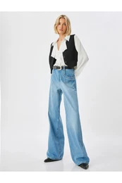 Wide Leg Jeans Regular Waist Buttoned Cotton - Loose Straight Fit Jean