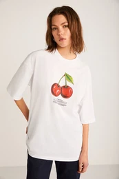 Odalys Women's 100% Organic Cotton Oversize Fit Loose Cut Cherry Printed Crew Neck White T-shir