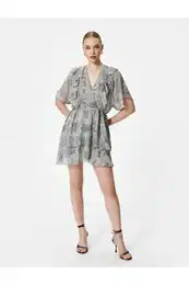 Frilly Mini Dress Bat Sleeve V-Neck Lined