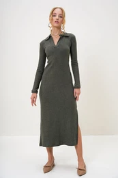 Trend Alaat Stili Women's Khaki Polo Collar Half Placket Side Slit Interlock Fabric Dress