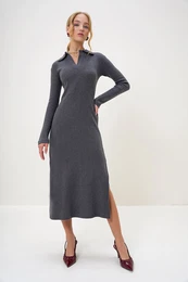 Trend Alaat Stili Women's Anthracite Polo Collar Half Placket Side Slit Interlock Fabric Dress