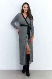 Women's Black-Ecru Double Breasted Houndstooth Maxi Dress