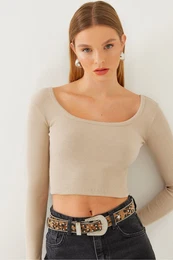 Women's Square Neck Long Sleeve Basic Crop Blouse 2405