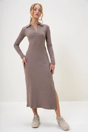 Trend Alaat Stili Women's Mink Polo Collar Half Placket Side Slit Interlock Fabric Dress