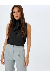 Tied Shawl Collar Sleeveless Satin Blouse