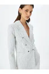 Double Breasted Striped Blazer Jacket with Buttoned Pockets