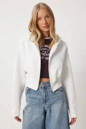 Happiness stanbul Women's Ecru Hooded Zippered Sweatshirt