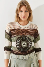 Women's Crew Neck Openwork Beaded Knitwear Sweater