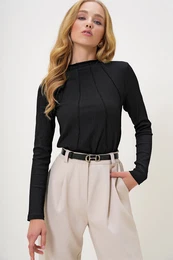 Trend Alaat Stili Women's Black Stand Collar Ribbed Stitched Buzy Blouse