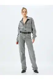 Straight Long Leg Normal Waist Pocket Detailed Stoned Jeans - Longer Straight Fit Jeans