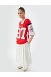 Oversize T-Shirt V Neck Back College Print Short Sleeve Mesh Detail