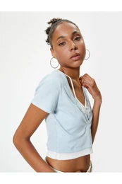Crop T-Shirt V-Neck Camisole Buttoned Short Sleeve