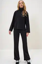 Trend Alaat Stili Women's Black Stand Collar Snap Blouse and Trouser Set