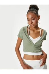 Crop T-Shirt V-Neck Camisole Buttoned Short Sleeve